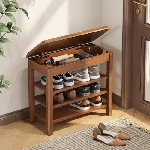IUNVR Shoe Rack Bench Seat Rubberwood 3-Tier Wooden Storage Bench 550lbs Compact Mid-Century Modern Design for Entryway, Hallway, Closet, Front Door Entrance, Foyer