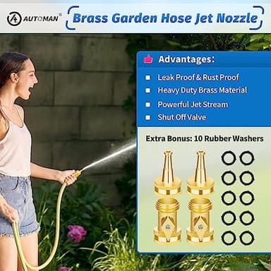 AUTOMAN Brass Hose Nozzle - High Pressure Jet Nozzle 4 Count (2 Set), Heavy Duty Water Hose Sprayer Sweeper with Hose Shutoff Valve, 3/4” GHT Nozzles for Garden Hose, Car Wash, Extra 10 Rubber Washers - Image 5