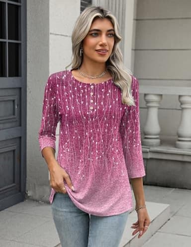 Zeagoo Blouses for Women Dressy Casual Crew Neck Summer Three-Quarter Sleeve Tunic Tops Floral Shirts Loose Fit Work Clothes Spring - Image 3