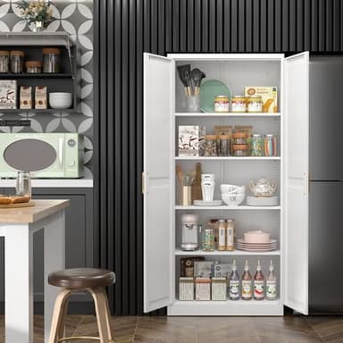 SteeLoong Kitchen Pantry Cabinet,71”White Metal Pantry Storage Cabinet with Doors and 4 Adjustable Shelves,Kitchen Cabinet with 2 Gold Handles,Tall Cabinet for Livingroom,Pantry, Bathroom,Kitchen - Image 4