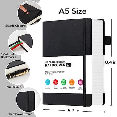 Hardcover Lined Notebook Journal for Writing, 320 Pages Leather Thick College Ruled Notebook Journal with 100GSM Paper, A5 (5.7'' X 8.4'') Daily Journal for Women Men Work Organization, Black - Image 2