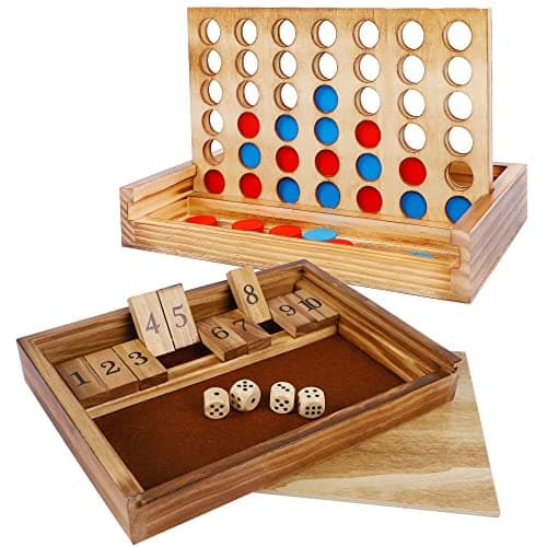 Glintoper Shut The Box & 4 in a Row Tables Game Set, Classic Wood Dice Game with Numbers & Line Up 4 Game for Kids Family, Living Room Rustic Coffee Table Decor, Travel Game Strategy Board Games - Image 1