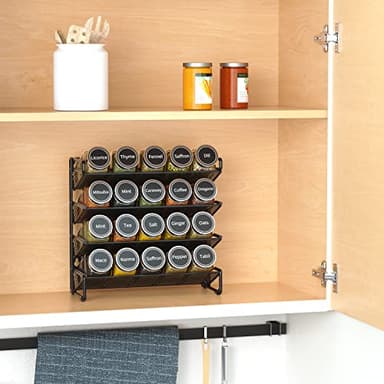 SpaceAid Spice Rack Organizer with 20 Spice Jars, 386 Spice Labels, Chalk Marker and Funnel Set for Cabinet, Countertop, Pantry, Cupboard or Door & Wall Mount - 20 Jars, 9.8" W × 10.8“H, Black - Image 2