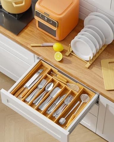 Kitsure Large Bamboo Silverware Organizer - Expandable Drawer Organizer for Utensil, Cutlery and Flatware, Kitchen Storage Solution with 6 to 8 Slots, Natural, 19.4" × 13.1" × 1.8" - Image 3