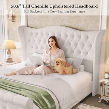 King Size Platform Bed Frame-Upholstered Bed Modern-Sleigh Bed with 51 inch Tall Headboard Footboard-Platform Chenille Bed Luxury-Button Tufted-Sturdy Wood Slats Support-Cream - Image 3