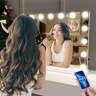 22.8 x 18.2 Vanity Makeup Mirror with Lights, 10X Magnification,Large Hollywood Lighted Vanity Mirror with 15 Dimmable LED Bulbs, USB Charger Port, Tabletop or Wall-Mounted White - Image 4