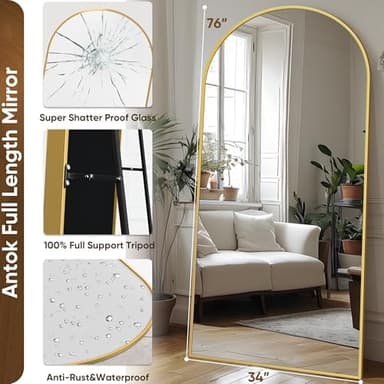 Antok Full Length Mirror, 76"x34" Floor Mirror with Stand, Hanging Mounted Mirrors for Bedroom, Living Room, Cloakroom, Dining Room, Gold, Arched - Image 5