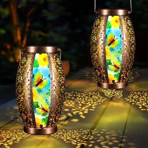 Twirleternity 2PCS Butterfly Outdoor Solar Lanterns Glass & Metal Tabletop Lamp with Hollowed-Out Design Waterproof Hanging Light for Garden Patio Mother's Day Gift, 7" W x 15.3" H - Image 1