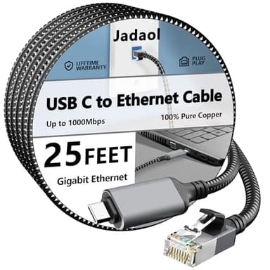USB C to Ethernet Cable 25 FT, Driver-Free Type C to RJ45, Thunderbolt 3/4 Compatible, Plug & Play, Nylon Braided, 1Gbps Gigabit LAN for MacBook Pro/Air, iPhone 15 Pro/Max, Dell XPS, Galaxy S8-S23 - Image 1
