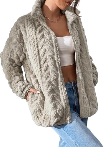Dokotoo Ladies Winter Jackets Zip Up Fuzzy Long Sleeves Oversized Side Pockets Loose Fit Short Coats Baggy Warm Fall Clothes 2025,Khaki Large - Image 1
