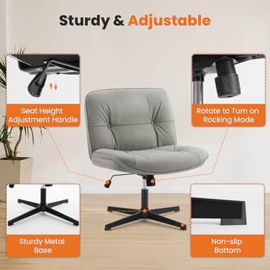 Sweetcrispy Criss Cross Legged Chair, Armless Office Desk Wide Seat No Wheels, PU Leather Swivel Height Adjustable Comfy Computer Task Seating Modern Home Room - Khaki Grey - Image 5
