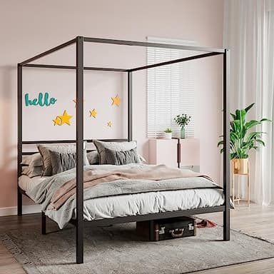 SHA CERLIN Canopy Bed Frame Queen Size/Mattress Foundation with Metal Slats Support/No Box Spring Needed/Easy Assembly/Black - Image 6