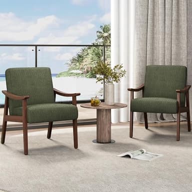 Yaheetech Corduroy Accent Chair, Mid-Century Modern Armchair with Solid Wood Legs, Reading Leisure Chair with High Back for Living Room Bedroom Waiting Room, Set of 2, Dark Green - Image 2