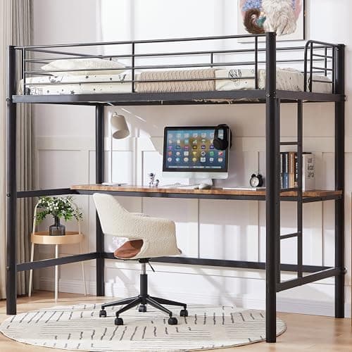 VECELO Metal Loft Bed Twin Size with Desk, Heavy Duty Bedframe with Removable Ladder and Safety Guardrail, Space-Saving, Noise Free, No Box Spring Needed, Matte Black - Image 1