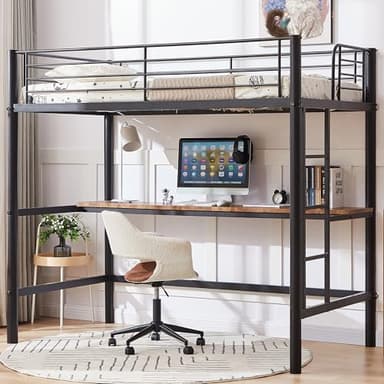 VECELO Metal Loft Bed Twin Size with Desk, Heavy Duty Bedframe with Removable Ladder and Safety Guardrail, Space-Saving, Noise Free, No Box Spring Needed, Matte Black - Image 1