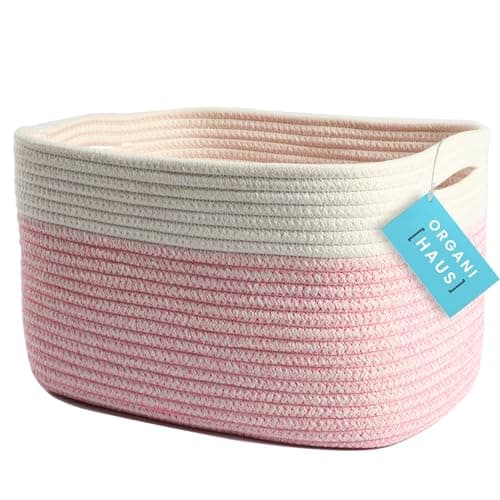 OrganiHaus Woven Storage Baskets for Organizing, Cotton Rope Organizer Bins for Shelves, Closet & Nursery, Dog Toy Basket, Decorative Bins for Toys, Towels & Books - 15x10x9, Pink/Off-White - Image 1