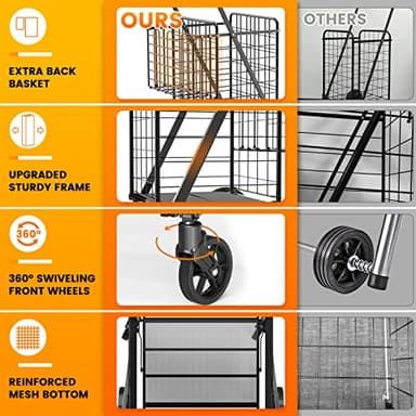 455lbs Shopping Cart for Groceries, Large Heavy Duty Grocery Cart on Wheels, Folding Dual Basket Utility Carts with Waterproof Liner, Shopping Carts for Transport, Laundry, Gift, Luggage - Image 3