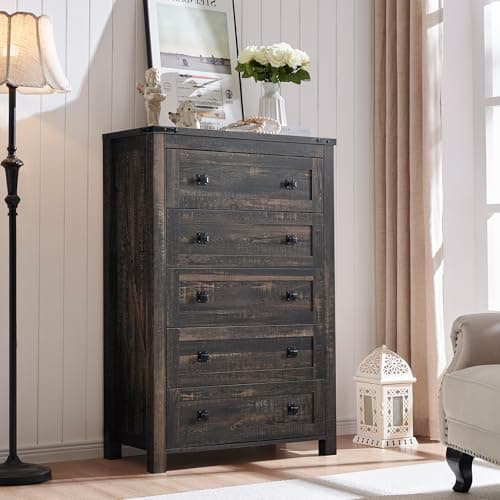 T4TREAM Farmhouse 5 Drawers Dresser Chests for Bedroom, Wood Rustic Tall Chest of Drawers, Dressers Organizer for Bedroom, Living Room, Hallway, Dark Rustic Oak - Image 1
