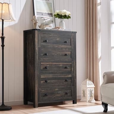 T4TREAM Farmhouse 5 Drawers Dresser Chests for Bedroom, Wood Rustic Tall Chest of Drawers, Dressers Organizer for Bedroom, Living Room, Hallway, Dark Rustic Oak - Image 1