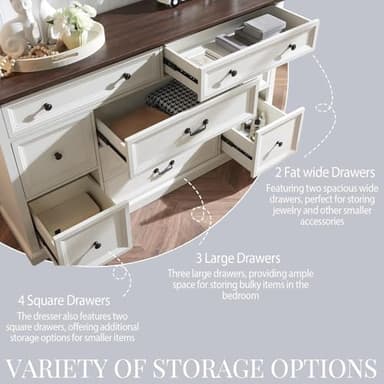 IFGET Farmhouse 9 Drawers Dresser for Bedroom, 60" Wide Wood Rustic Chest of Drawers, Large Storage Dressers Organizer for Bedroom, Living Room, Hallway, Dining Room-White - Image 4