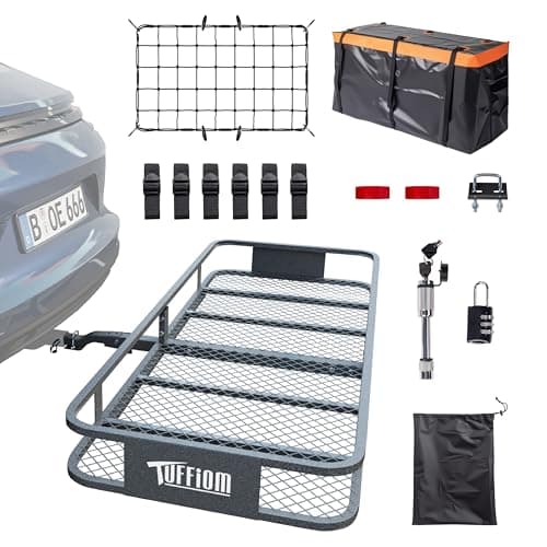 TUFFIOM 60"x24"x6" Folding Hitch Mount Cargo Carrier Basket, 500lbs Steel Car Cargo Trailer Hitch Luggage Rack, w/Hitch Lock+Password Lock+Net+Waterproof Cargo Bag+Straps+Stabilizer for SUV Truck Van - Image 1