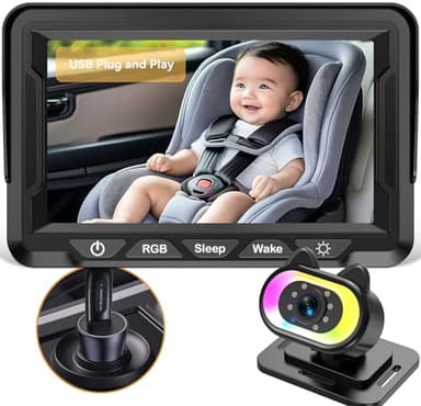 Baby Car Camera HD 1080P - 150° Wide Angle, Night Vision, Adjustable View, LED Lights, Easy Installation, Infant Safety, Rear Seat Monitoring for Car Travel - Image 1