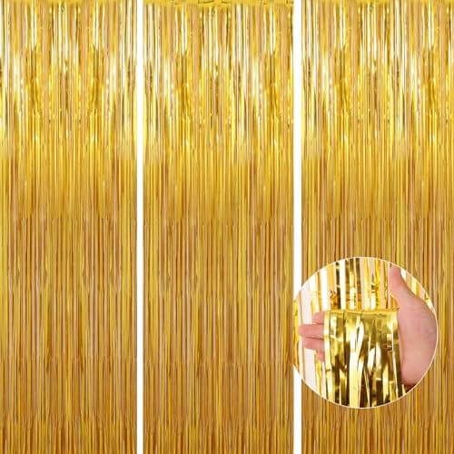 Birthday Party Decorations: 3 Pack 3.3 x 9.9 ft Gold Foil Fringe Curtains Party Supplies, Tinsel Curtain Backdrop for Parties/Birthday/Photo Booth - Image 1