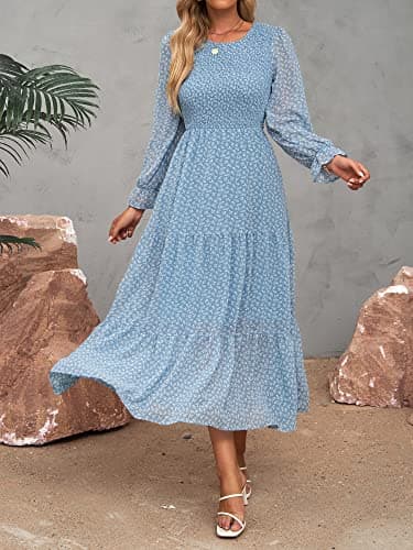 BTFBM Women Casual Long Sleeve Crew Neck Fall Dress Bohemian Relaxed Fit Floral Flowy Maxi Dresses Tiered Cocktail Dress(Floral Blue White,XX-Large) - Image 3