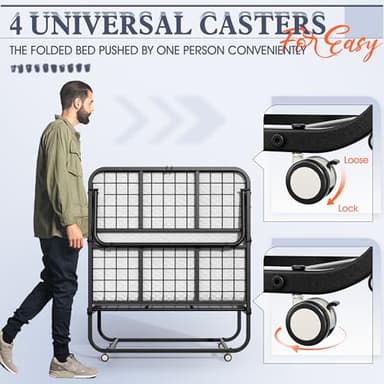 INTERGREAT Folding Bed, 75" x 31"Cot Size Portable Folding Beds for Adults, Metal Foldable Bed on Wheels for Guest, Space Saving Roll Away Beds for Easy Storage - Image 6