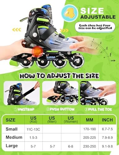 2PM SPORTS Adjustable Kids Inline Skates Boys Ages 4-8 8-12 3-5 4-6 6-12 10-12 with Light Up Wheels, Roller Skates Blades for Boys Beginner Youth Indoor Outdoor Size 11C 1 2 3 4 5 6 7 8 Dinosaur - Image 2