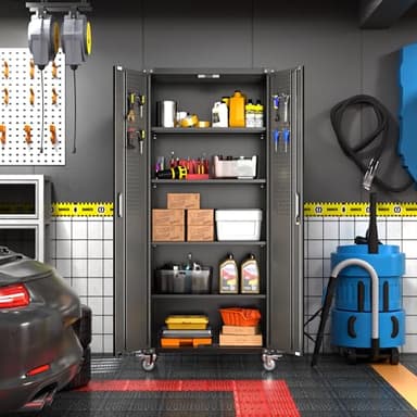 Aobabo Upgraded 72" H Garage Storage Cabinets with Wheels,Metal Storage Cabinets with Door Pegboard for Garage Home Office Storage,Assembly Required, Black - Image 2