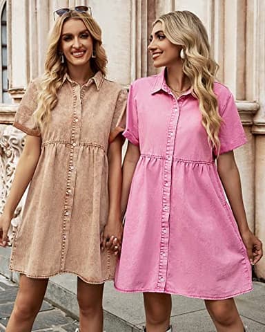 LookbookStore Pink Dresses for Women Valentines Day Pink Dress 2025 Summer Short Jean Dress Casual Short Sleeves Babydoll Denim Dresses for Women Size S - Image 6