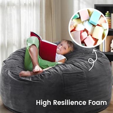 Kromax Large 3.5’ Bean Bag Chair for Kids, Teens, Adults, Memory Foam, Easy to Clean Washable Soft Suede Cover, Reinforced Zipper, Perfect for Living Room, Den, Bedroom, or Dorm, Dark Grey - Image 4