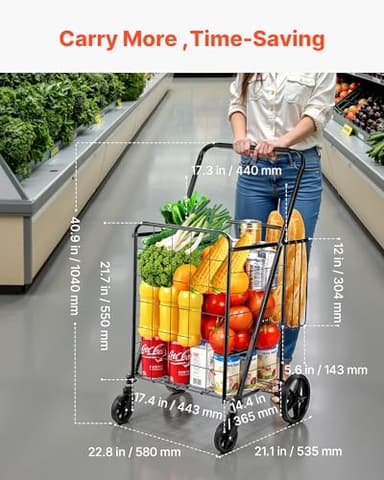 VEVOR Folding Shopping Cart, Jumbo Grocery Utility Cart with Double Baskets, 360° Swivel Wheels, 110 LBS Large Capacity Heavy Duty for Laundry, Shopping, Grocery, Luggage, Black - Image 3