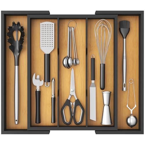 Lifewit Utensil Organizer for Kitchen Drawer, Bamboo Cooking Utensil Tray, Expandable Cutlery Silverware Flatware Holder, Adjustable Spatula Tools Gadgets Storage Divider, Large, Natural and Black - Image 1