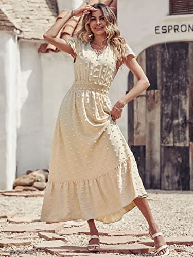 PRETTYGARDEN Womens Summer Dresses 2025 Casual Short Sleeve Swiss Dot Maxi Dress for Wedding Guest V Neck Flowy Long Dresses(Apricot, Medium) - Image 2