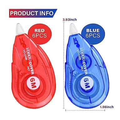 Vobou White Correction Tape, Easy To Use Applicator for Instant Corrections Wrong Writing At Any Time, For school, Office (Red and Blue, 12pack, 6M/256" x 0.2") - Image 2