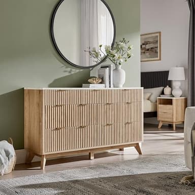 T4TREAM Fluted 7 Drawers Dresser, 54" Wide Modern Chest of Drawers with Faux Marble Top, Curved Profile Design, Dresser TV Stand, Wood Drawer Organizer for Bedroom, Living Room, Hallway, Natural Oak - Image 3