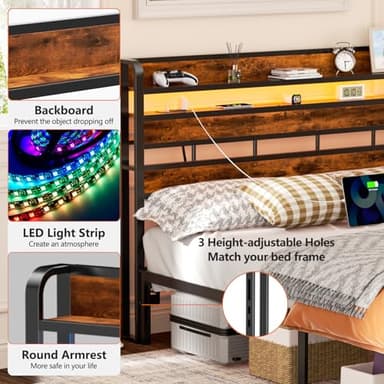 Furnulem Headboard for Queen Size Bed with Storage, LED Light Head Boards with Outlets & USB Ports, Height Adjustable Headboards for Dorm Bedroom, Sturdy Stable Cabeceras de Cama Rustic Brown - Image 8