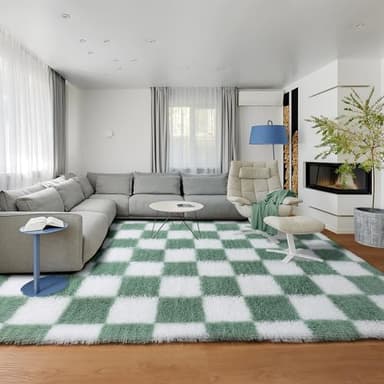 KICMOR Fluffy Sage Green and White Rugs Living Room Carpet, 5x7 Large Fuzzy Checkered Shag Area Rug for Bedroom Aesthetic, Furry Soft Plush Shaggy Rug for Nursery Kids Girls Boys Room Home Decor - Image 5