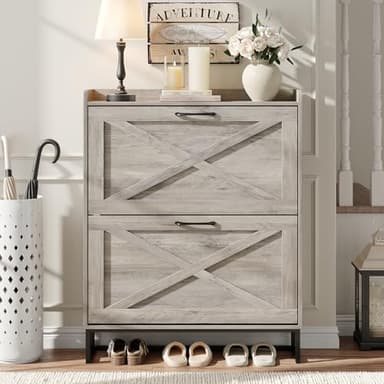 Maupvit Shoe Cabinet with 2 Flip Drawers, Freestanding Shoe Cabinet Organizer with Metal Legs, Shoes Storage Cabinet for Entryway, Narrow Shoe Rack Cabinet, Washed Gray - Image 8