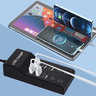 Wyssay USB Charger,50W USB Charging Station with 10-Port (6 USB-A Port & 4 USB-C Port) Compatible with iPhone 15/14/13/12/11/X/8/7/6 Phones, Watch,Tablets, Smartphones Black - Image 3