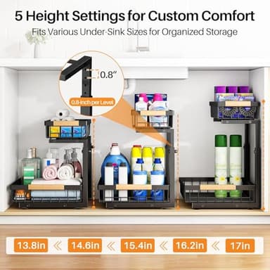 PXRACK 2 PACK Under Sink Organizer,Adjustable Height,2 Tier Pull Out Under Cabinet Organizer,Thickened Metal Shelf,Slide Out Under Sink Storage for Kitchen Bathroom Cabinet Laundry - Image 3
