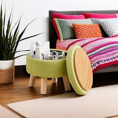 Wimarsbon Storage Ottoman, Modern Round Footrest with Soft Padded Seat, Teddy Velvet Footstool with Wood Legs, Accent Small Table or Plant Stand for Hallway, Living Room (Brilliant Green) - Image 5