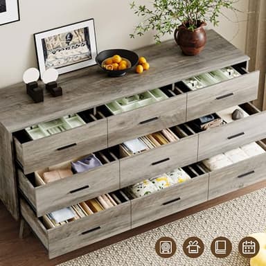 BORNOON Dresser for Bedroom with 9-Drawer, 59" Wide Modern Chest of Drawers with Metal Handles, X-Shape Base & Adjustable Center Leg, Anti-Tip Closet Organizers and Storage - Image 4