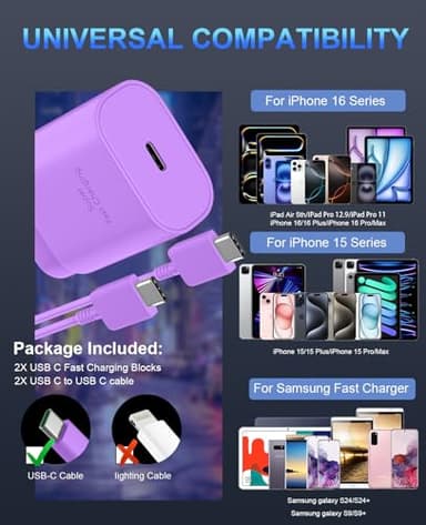 Phone 17 16 15 Charger Fast Charging,30W USB C Phone 17 16 15 Pro Max Charger Block &6.6FT Long Type C Cable Cord for Phone 17/17 Air/17 Pro/17 Pro Max/16/16 Plus/16Pro/16 Pro Max/15/15 Pro Max,Purple - Image 5
