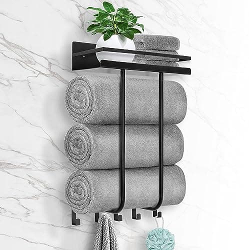 Towel Racks for Bathroom, Towel Rack Wall Mounted with Metal Shelf and 5 Hooks for Small Bathroom, Towel Holder for Bathroom, Bath Towel Storage for Rolled Towels Organizer, Black - Image 1