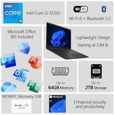 HP 250 G9 15" FHD Business Laptop, Microsoft Office 365 Included, Intel Core i5-1235U 10-core Processor, 32GB RAM, 1TB SSD, Ethernet Port RJ-45, SD Card Reader, Wi-Fi 6, Windows 11 Pro, WOWPC USB - Image 2