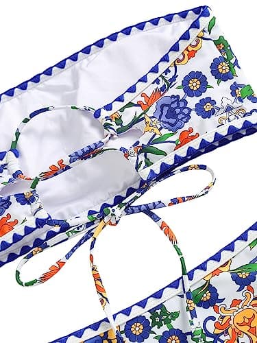 ZAFUL Women Strapless Textured Bandeau Bikini 2 Piece Swimwear Cheeky Solid Lace up Bathing Suits(7-Blue Yellow,M) - Image 6