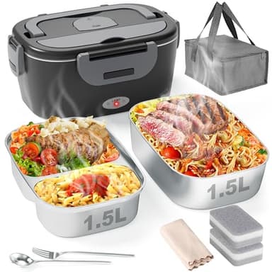 Geveniss Electric Lunch Box for Men, Women & Adults - 80W Fast Heating - Heated Lunch Box with Dual 1.5L SS Containers - Portable Food Warmer for Car, Truck, Office - Image 1